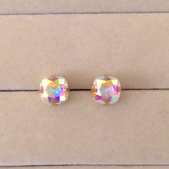 Aurora Borealis + Brass Cushion Cut Crystal Earrings - Picture 6 of 9